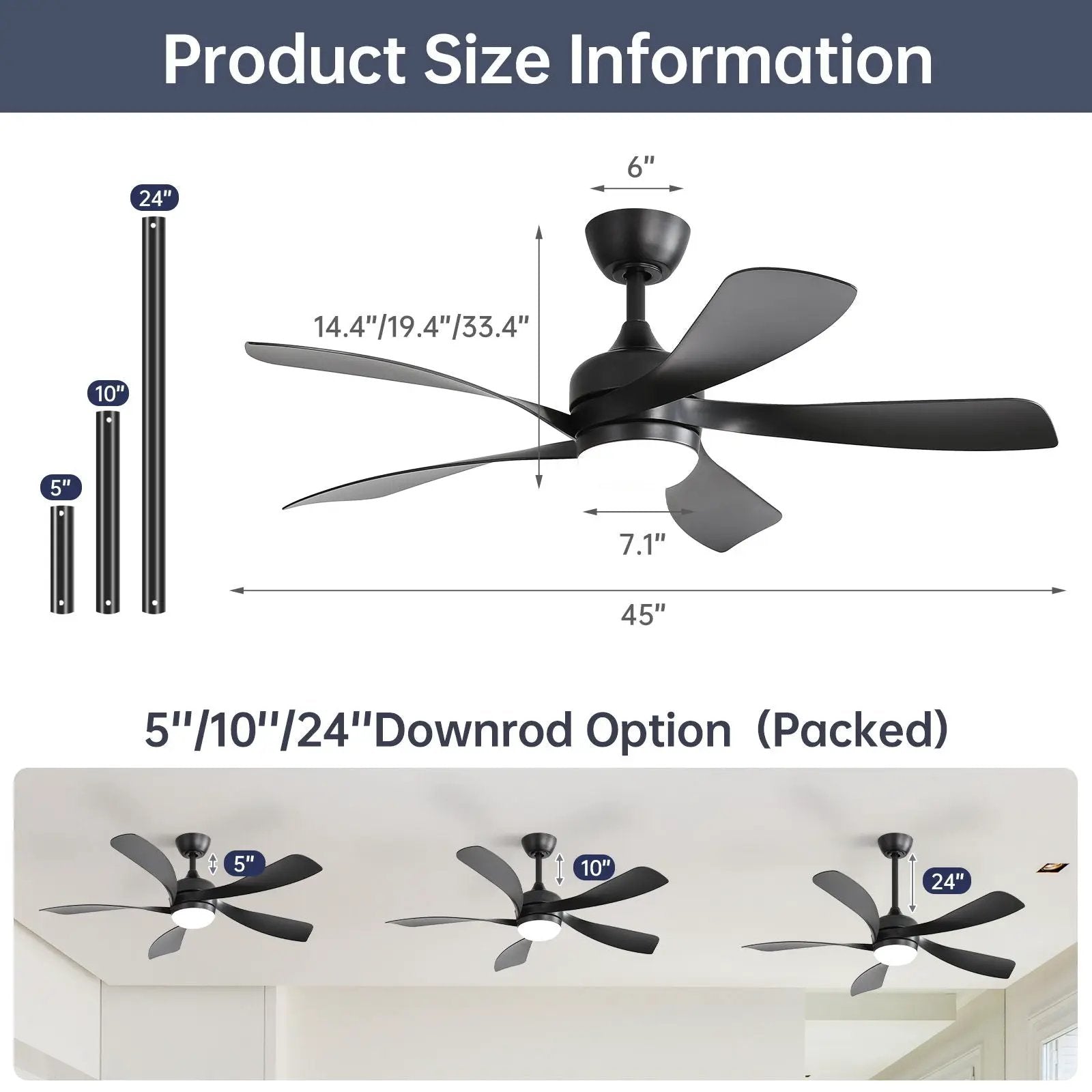Ceiling fan with DC motor in black, 5-blade by Unique Piece Furniture with 5/10/24 in downrods on Tampa Home & Garden Store