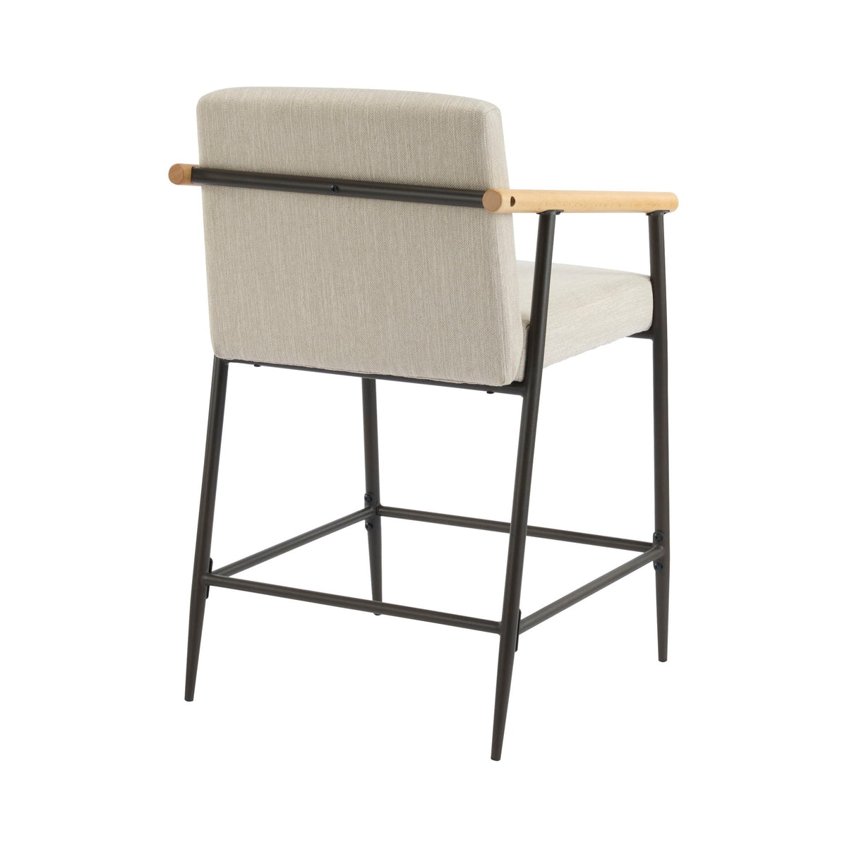 Mid Century Modern Counter Stool Set with Iron Frame, beige upholstery and wood armrests on Tampa Home & Garden Store