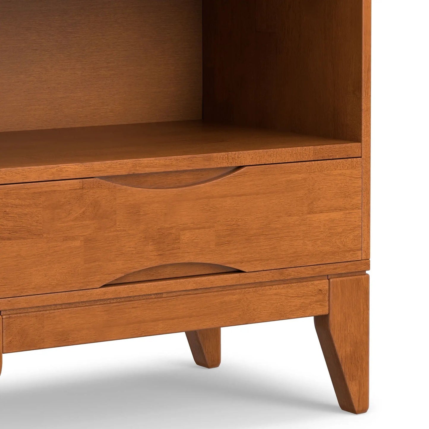 Harper handcrafted bookcase with storage in warm oak finish, angled legs on Tampa Home & Garden Store