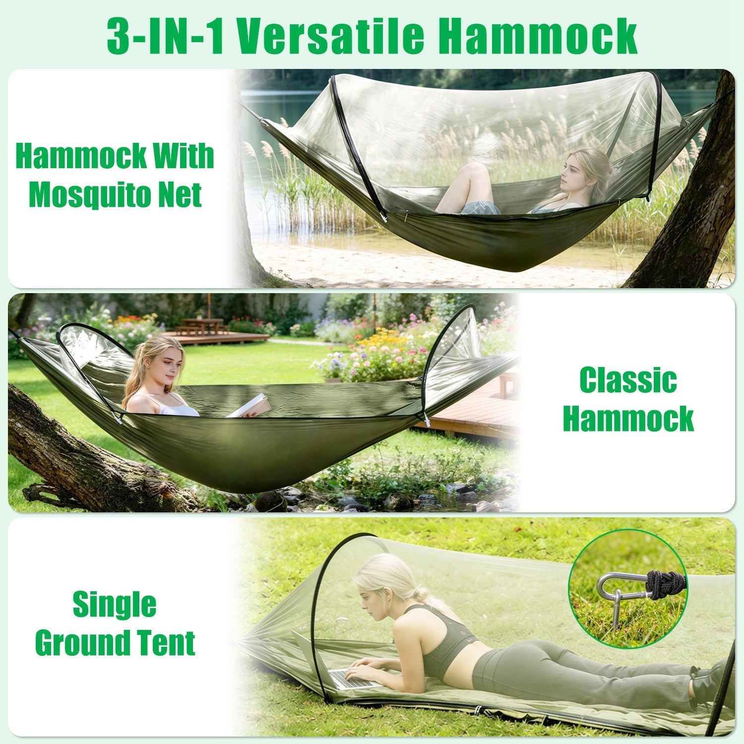 GemGear 3-in-1 camping hammock with mosquito net, olive green, 440 lbs on Tampa Home & Garden Store