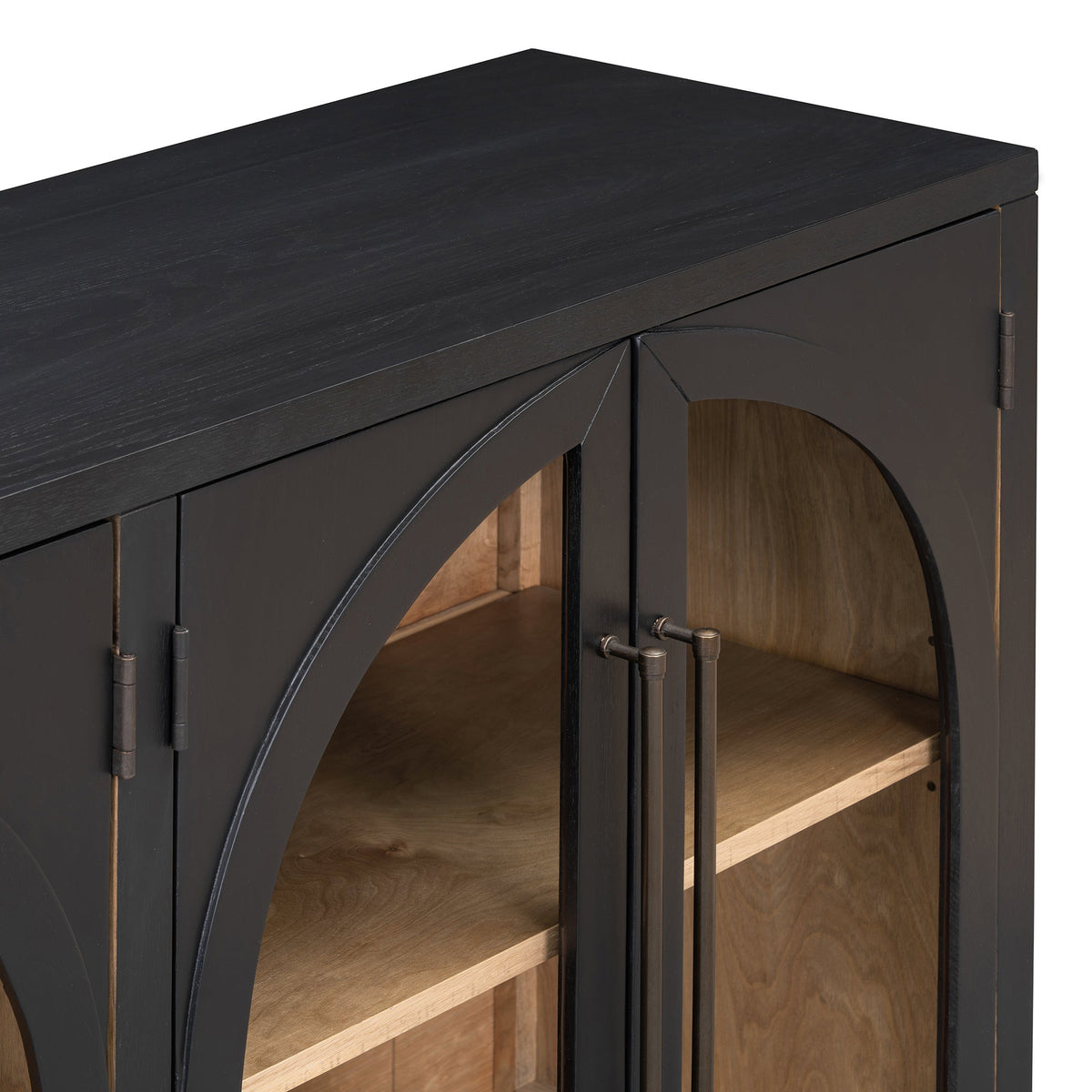 4-Door large storage sideboard buffet cabinet with glass doors in black, arched panel design on Tampa Home & Garden Store