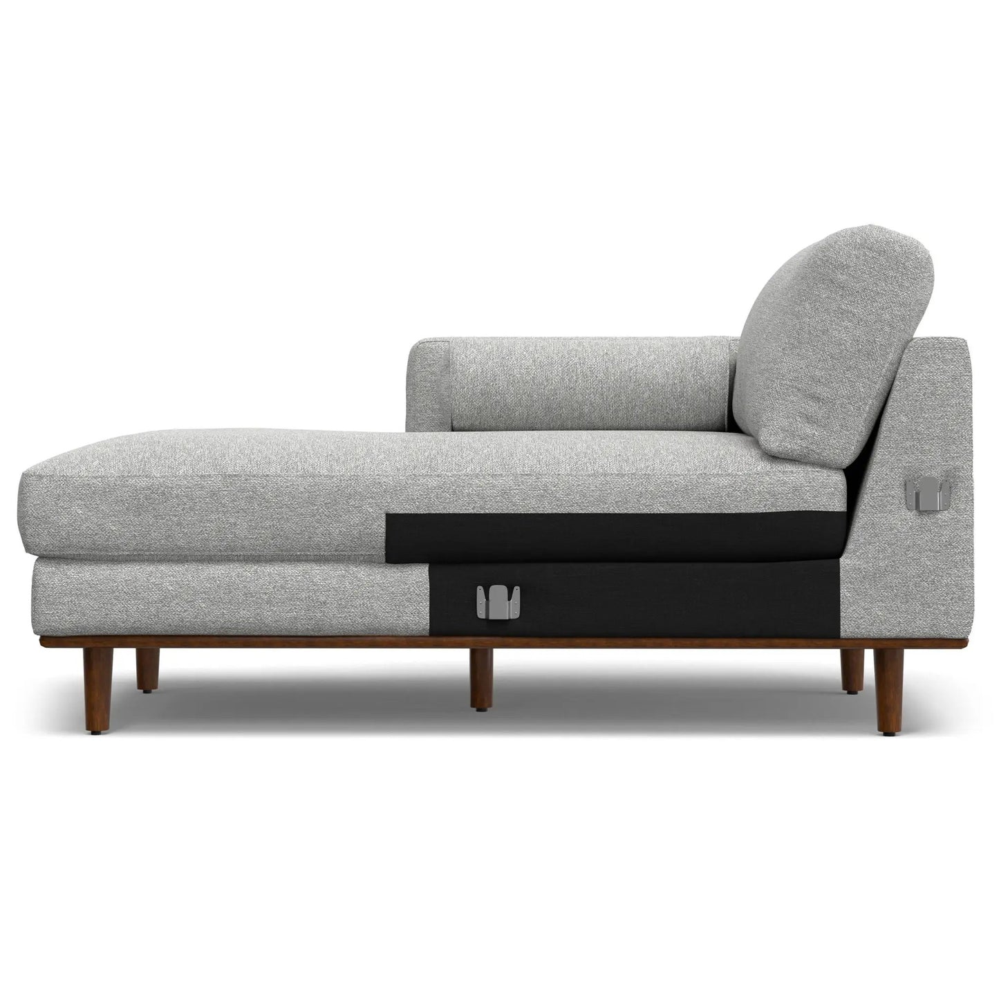 Morrison upholstered sectional with left chaise in light gray textured fabric, wooden legs on Tampa Home & Garden Store