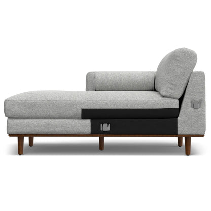 Morrison upholstered sectional with left chaise in light gray textured fabric, wooden legs on Tampa Home & Garden Store