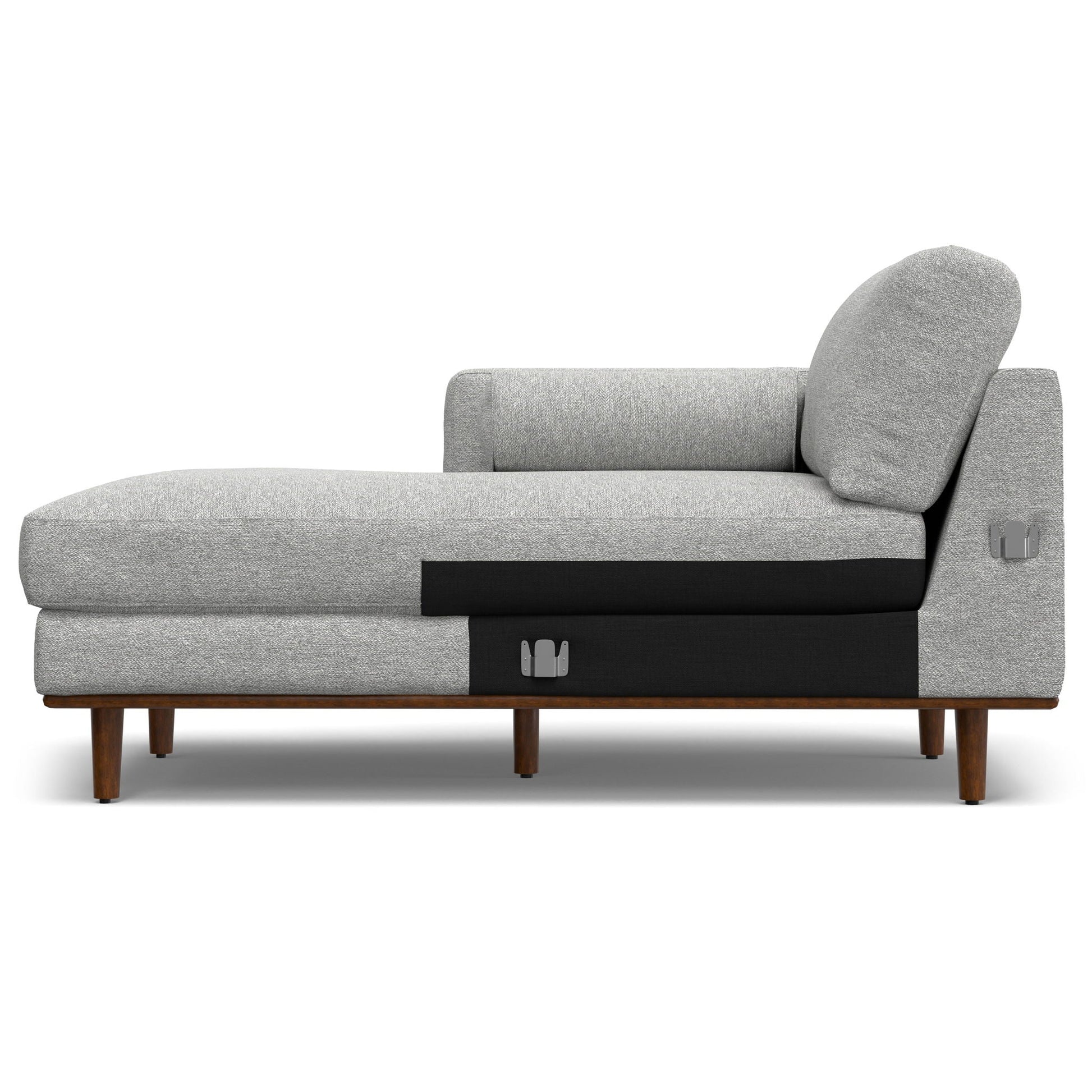 Morrison upholstered sectional sofa in light gray fabric with wood legs on Tampa Home & Garden Store