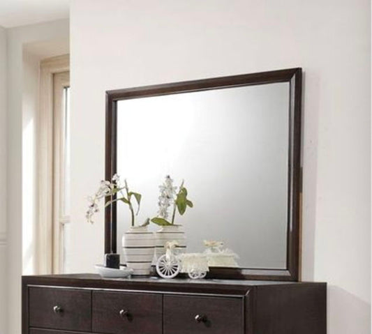 Madison Mirror with Sleek Wood Frame Espresso by HouseOfZazla atop a dark dresser with greenery on Tampa Home & Garden Store