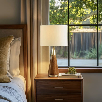 Triangular Table Lamp with wooden base and brass accents, white shade by HouseOfZazla on Tampa Home & Garden Store