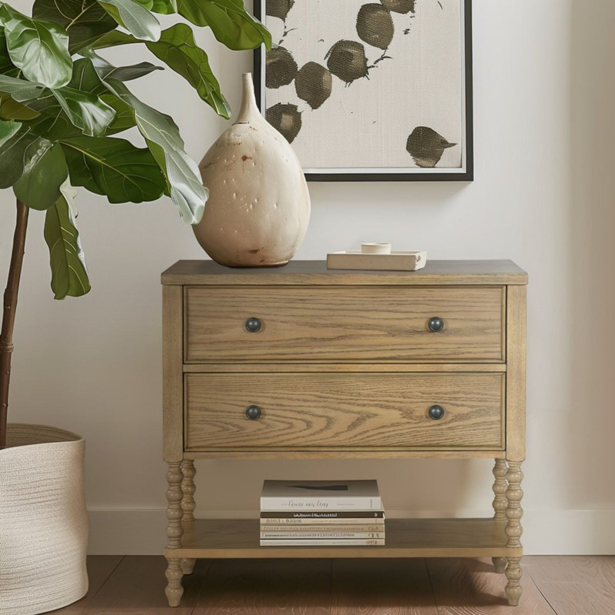 2 Drawer Accent Chest by HouseOfZazla in natural wood with round metal knobs and turned legs on Tampa Home & Garden Store