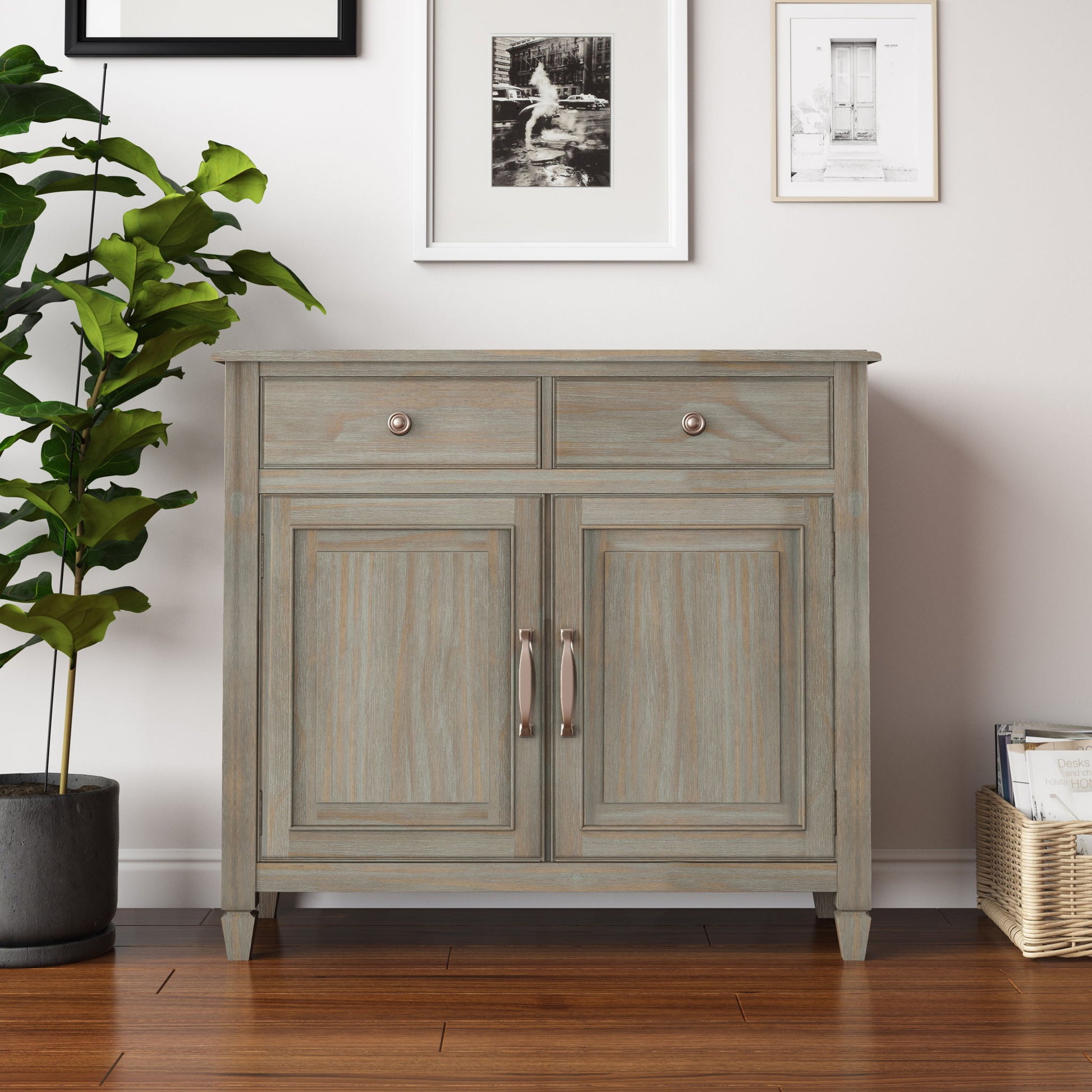 Connaught entryway storage cabinet, weathered gray wood with copper pulls on Tampa Home & Garden Store