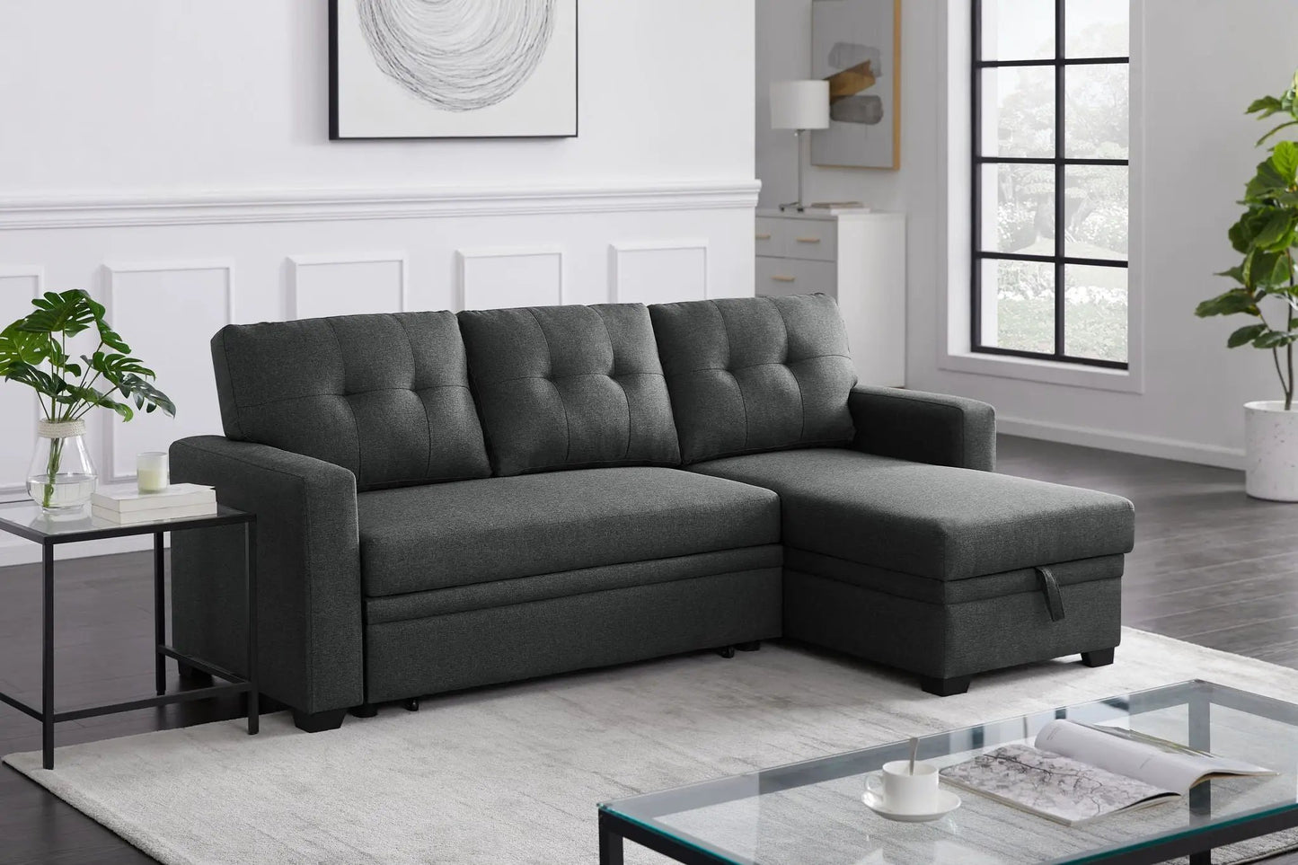 Upholstered Pull Out Sectional Sofa With Chaise in charcoal gray fabric sleeper Unique Piece on Tampa Home & Garden Store