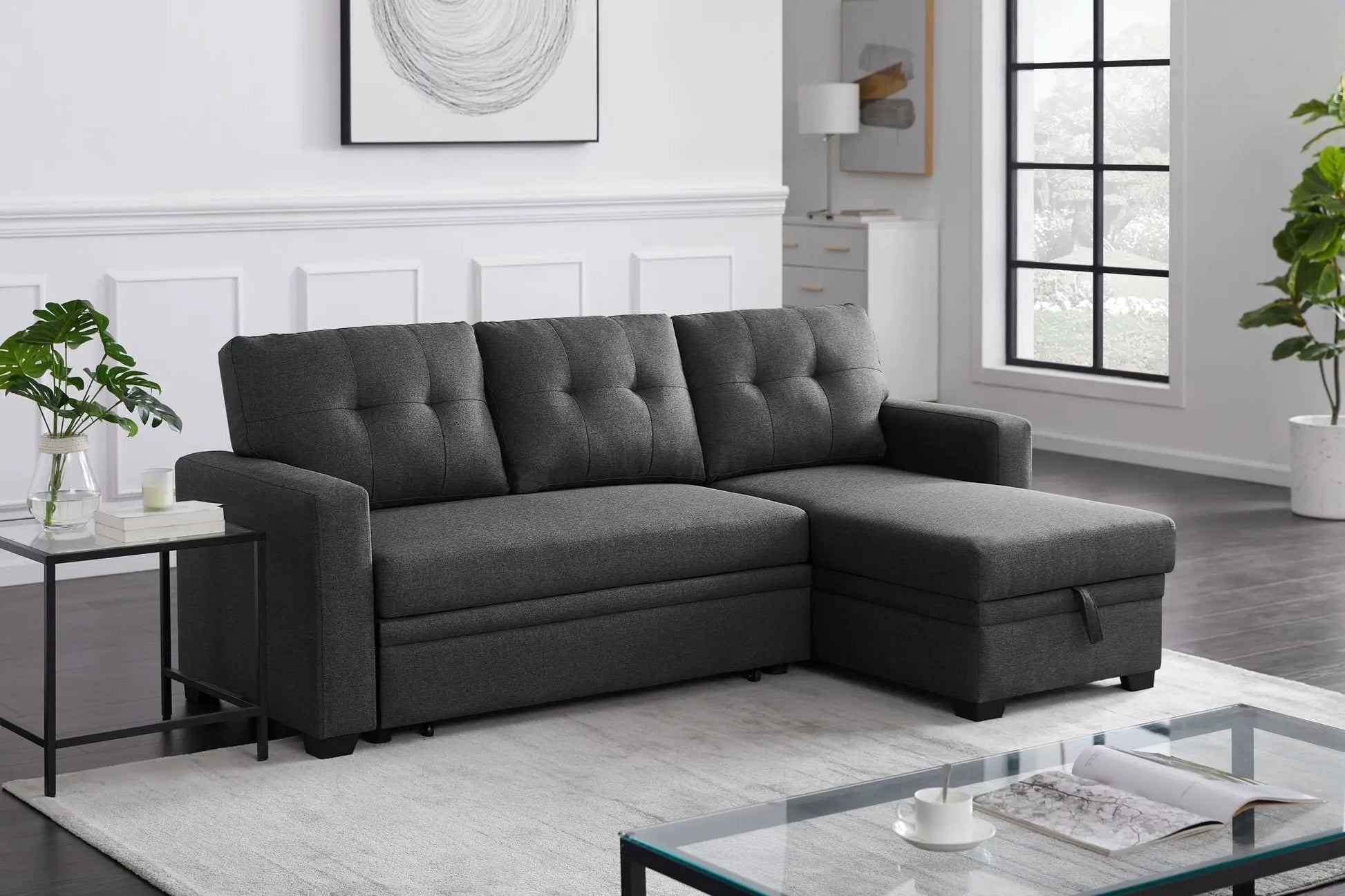 Upholstered Pull Out Sectional Sofa With Chaise in charcoal gray fabric sleeper Unique Piece on Tampa Home & Garden Store