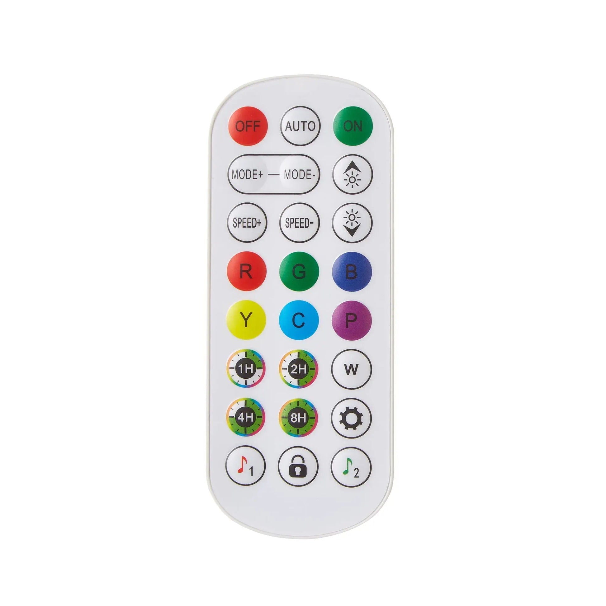 Remote control for RGB bed lighting with multicolor buttons and mode icons on Tampa Home & Garden Store