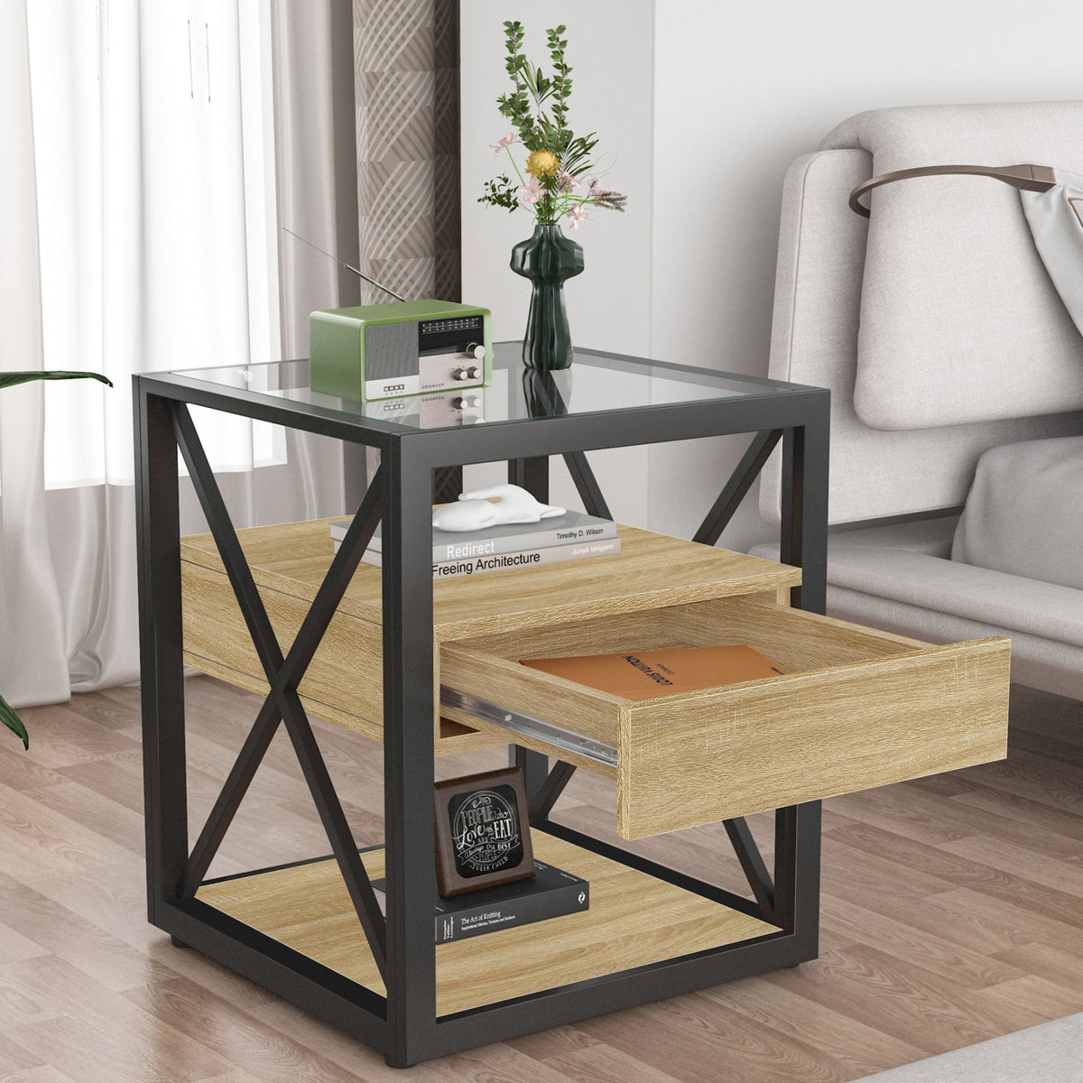 1 Modern End Table with Drawer, tempered glass top, natural wood shelf, black metal frame on Tampa Home & Garden Store