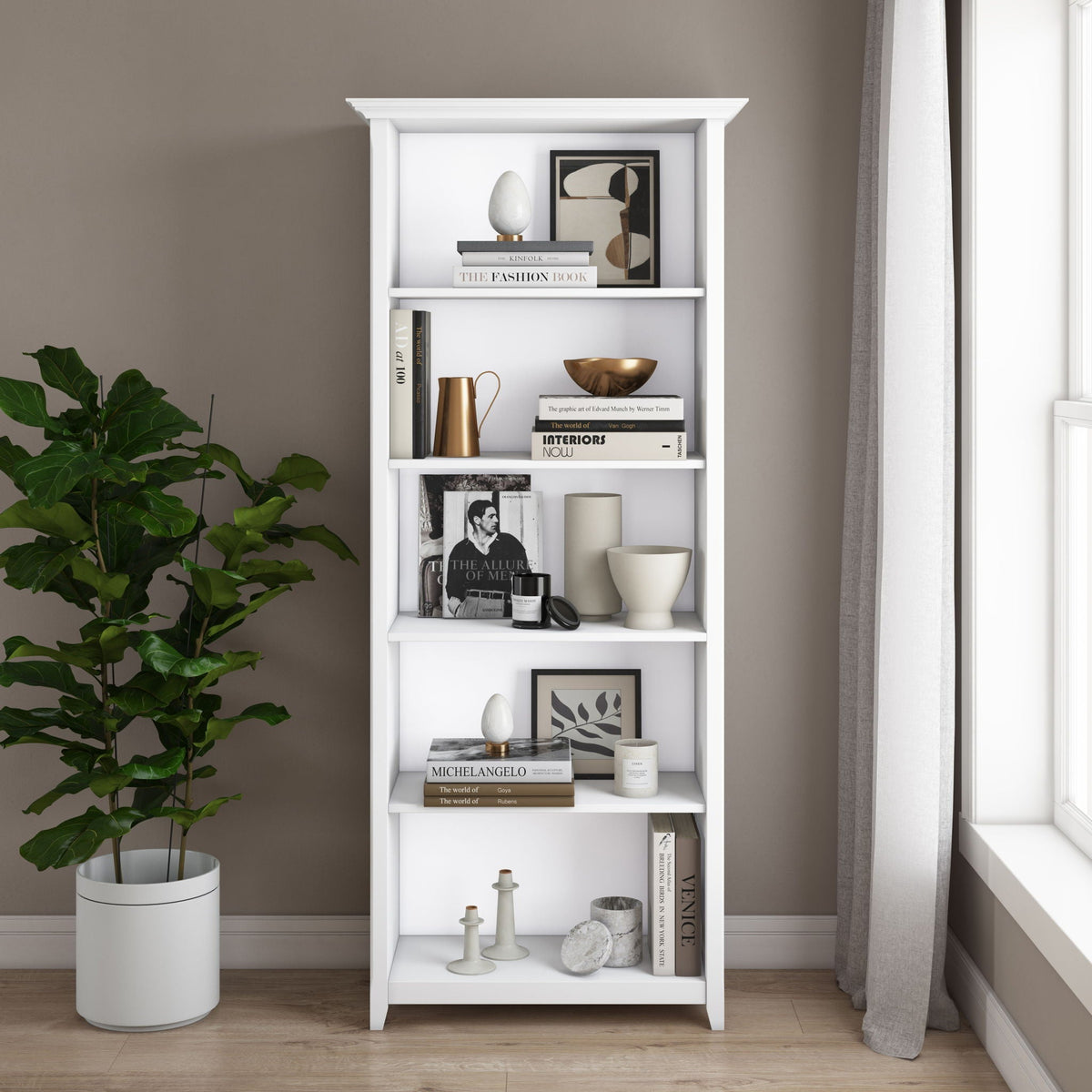 Amherst wooden bookcase with adjustable shelves, white finish, filled with books and decor on Tampa Home & Garden Store