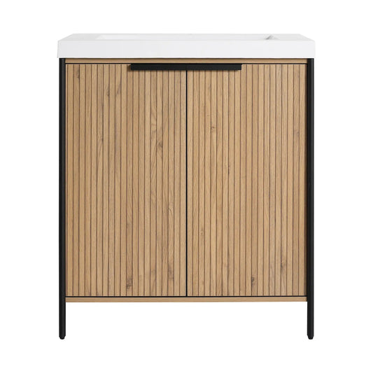 Modern freestanding bathroom vanity with resin sink, natural wood slat doors, black frame on Tampa Home & Garden Store