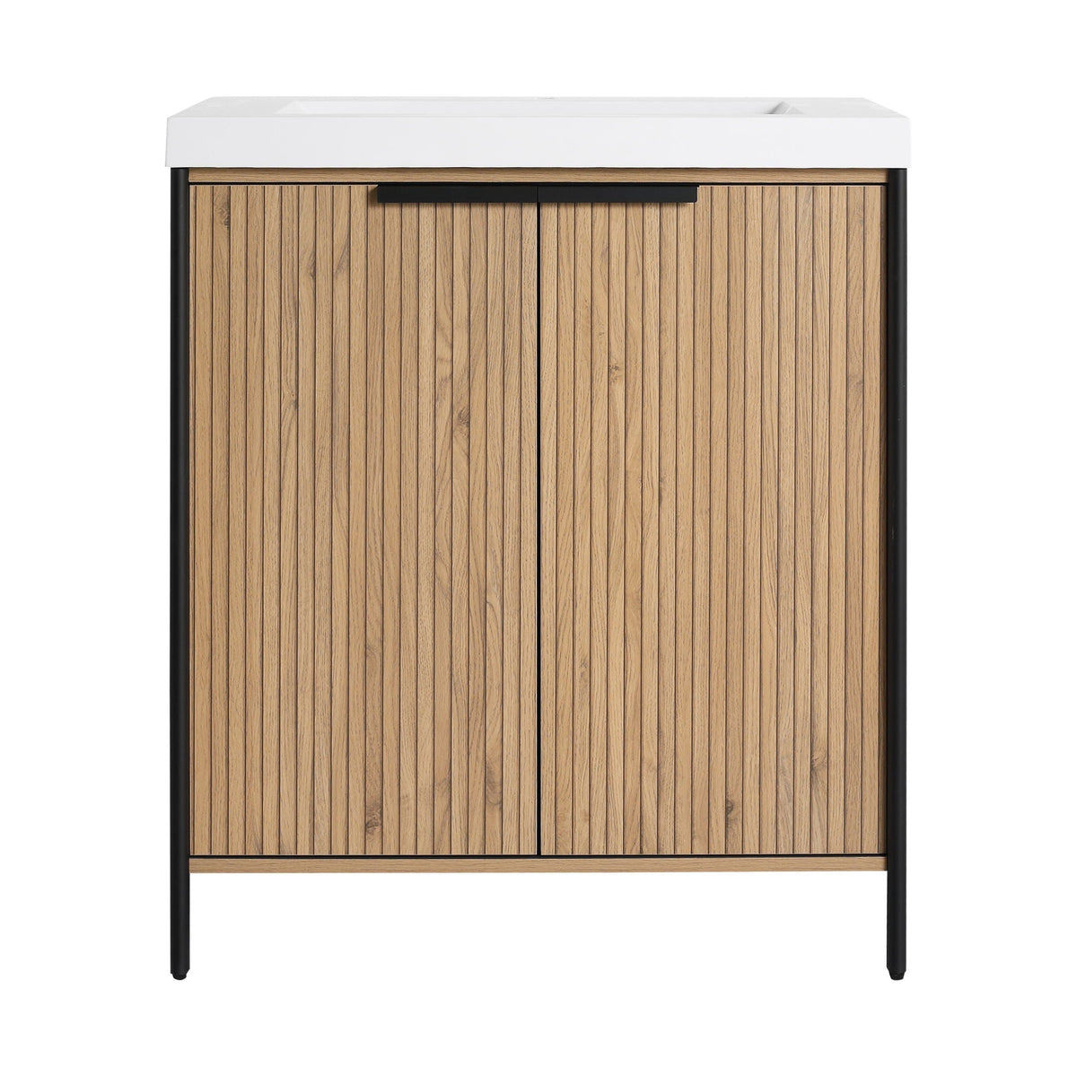 Modern freestanding bathroom vanity with resin sink, white top and vertical wood slat doors on Tampa Home & Garden Store