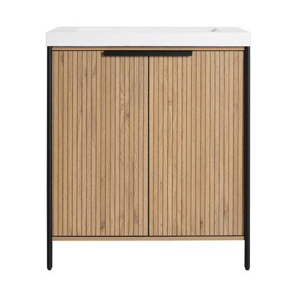 Modern freestanding bathroom vanity with resin sink, white top and vertical wood slat doors on Tampa Home & Garden Store