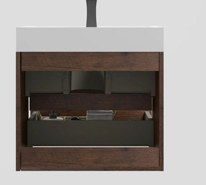 Alice wall-mounted vanity with sink, dark wood frame and white top, large storage on Tampa Home & Garden Store
