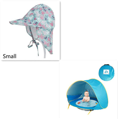 2-item set: baby beach tent with blue UV canopy; floral sun hat, small size on Tampa Home & Garden Store