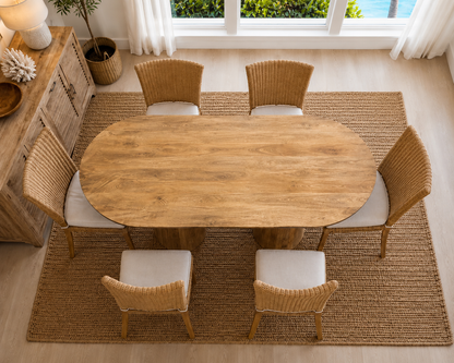 Oval mango wood dining table with dual pedestals in natural finish, surrounded by wicker chairs on Tampa Home & Garden Store