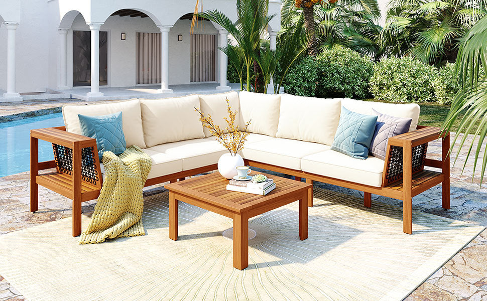 GO 4-Piece Acacia Sofa Set with Coffee Table HouseOfZazla beige cushions blue pillows on Tampa Home & Garden Store