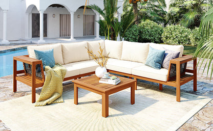 GO 4-Piece Acacia Sofa Set with Coffee Table HouseOfZazla beige cushions blue pillows on Tampa Home & Garden Store