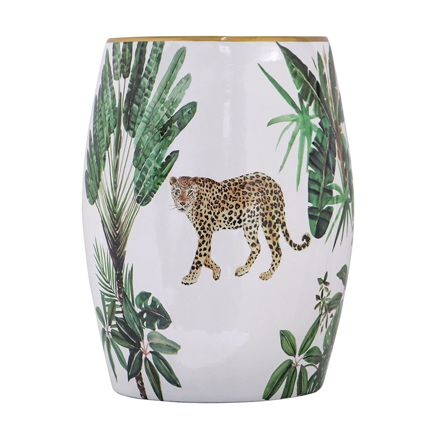 Ceramic garden stool leopard print with jungle foliage on white, HouseOfZazla on Tampa Home & Garden Store