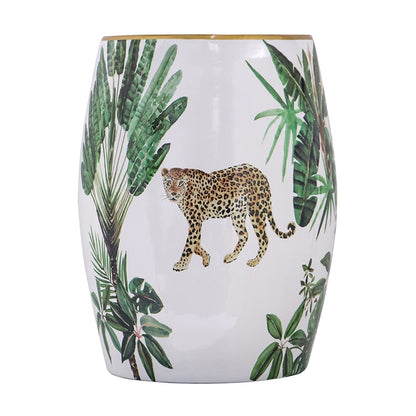 Ceramic garden stool leopard print with jungle foliage on white, HouseOfZazla on Tampa Home & Garden Store
