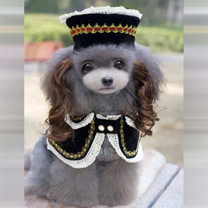 Dog Christmas costume by Pet Zen: black velvet outfit with lace collar and gold trim on Tampa Home & Garden Store