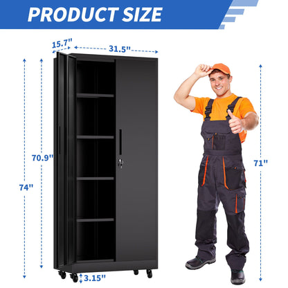 Black storage cabinet on caster wheels with locking door and adjustable shelves on Tampa Home & Garden Store