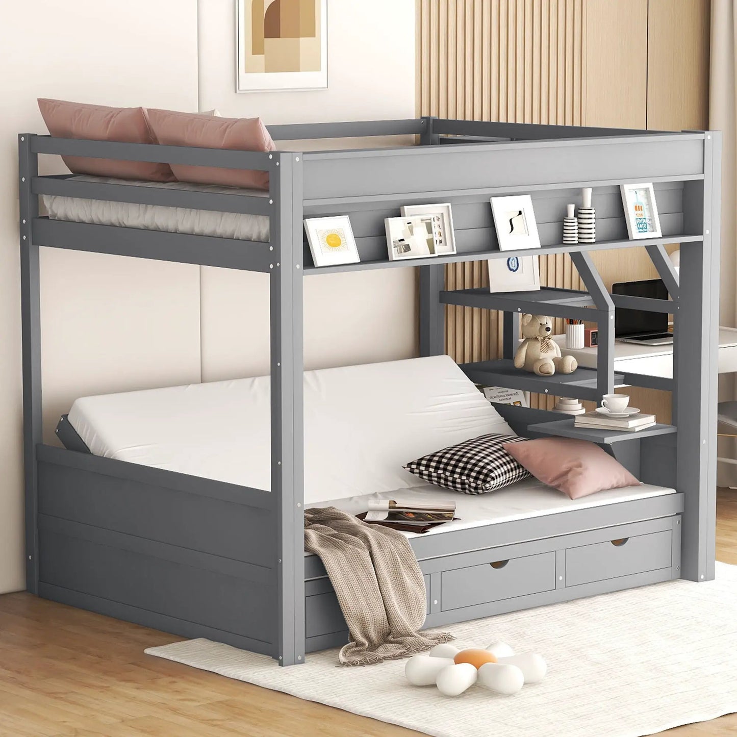 Wood Full Size Convertible Bunk Bed with Storage