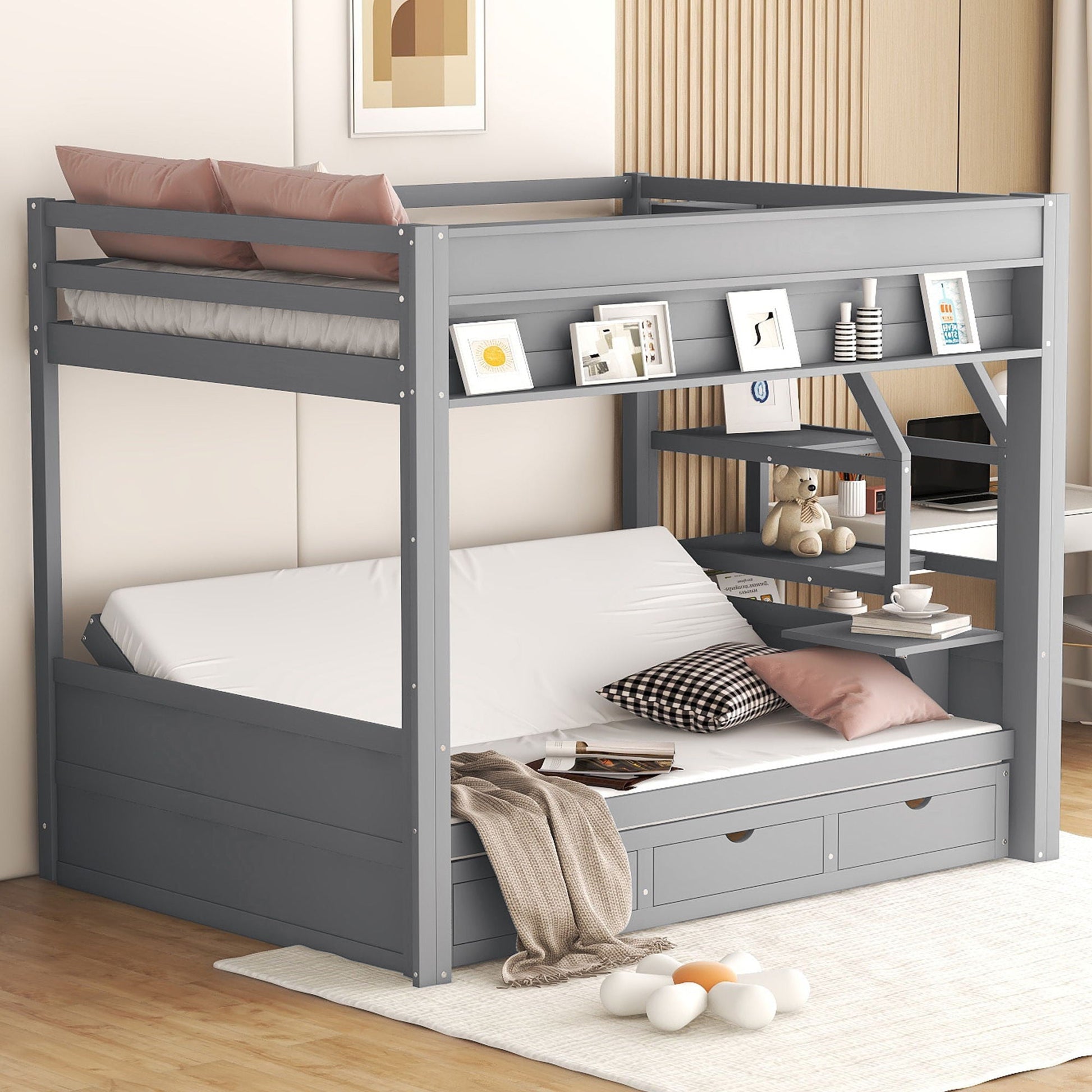 Gray wood bunk bed with storage staircase, bedside table, and 3 drawers HouseOfZazla on Tampa Home & Garden Store.