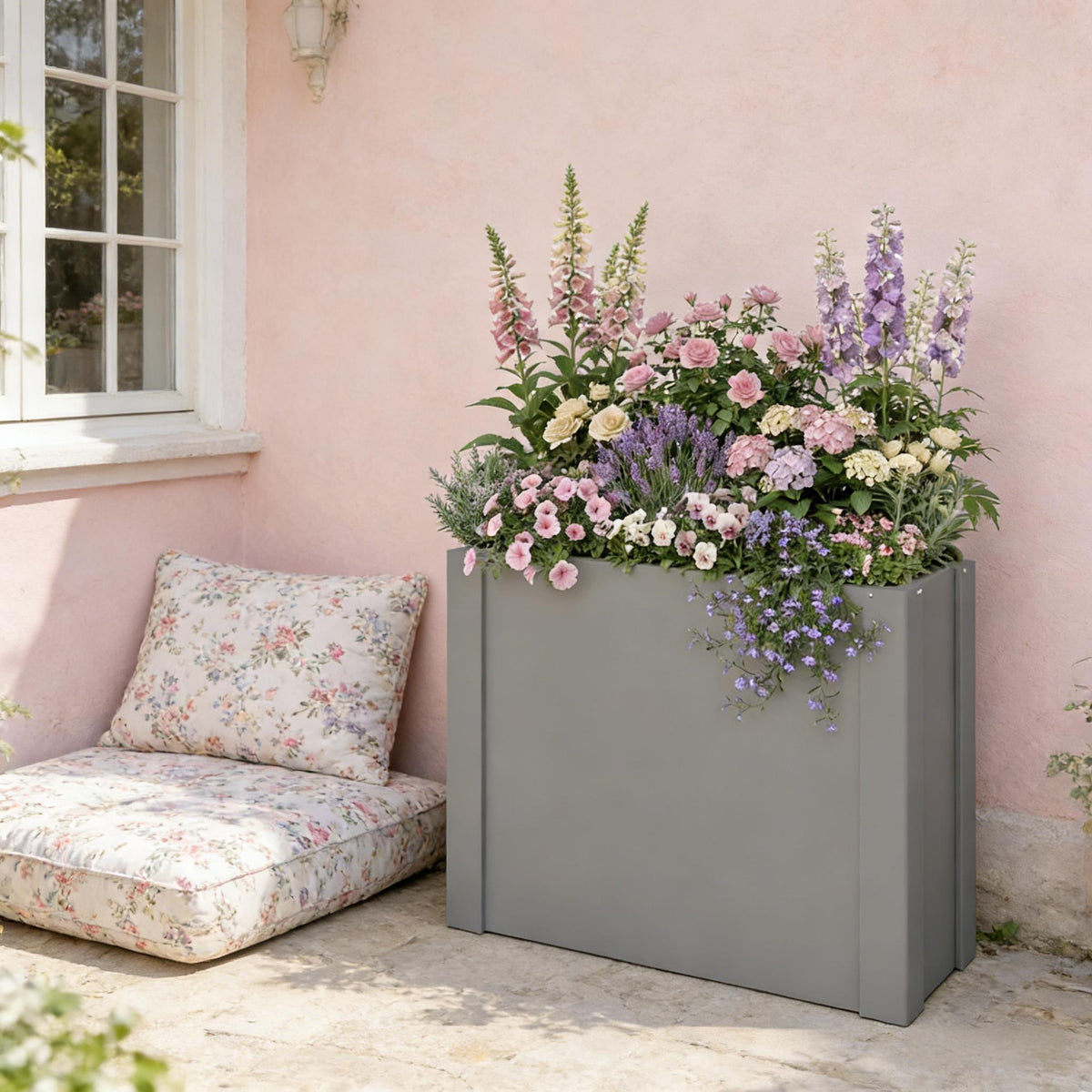 HouseOfZazla Balcony Herb Box elevated planter in gray metal with pink roses and lavender on Tampa Home & Garden Store