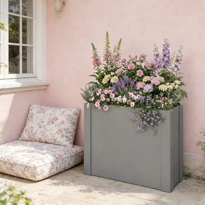 HouseOfZazla Balcony Herb Box elevated planter in gray metal with pink roses and lavender on Tampa Home & Garden Store