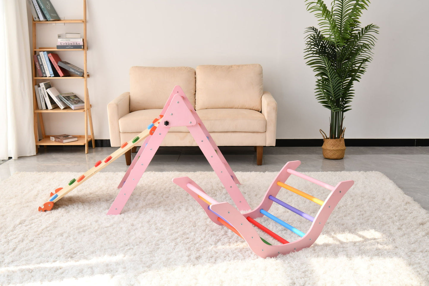 Gardenia Pikler Triangle Set pink Montessori climbing toy by HouseOfZazla with rainbow rungs on Tampa Home & Garden Store