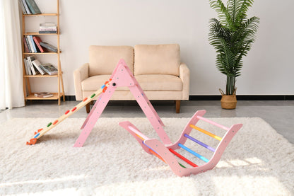 Gardenia Pikler Triangle Set pink Montessori climbing toy by HouseOfZazla with rainbow rungs on Tampa Home & Garden Store