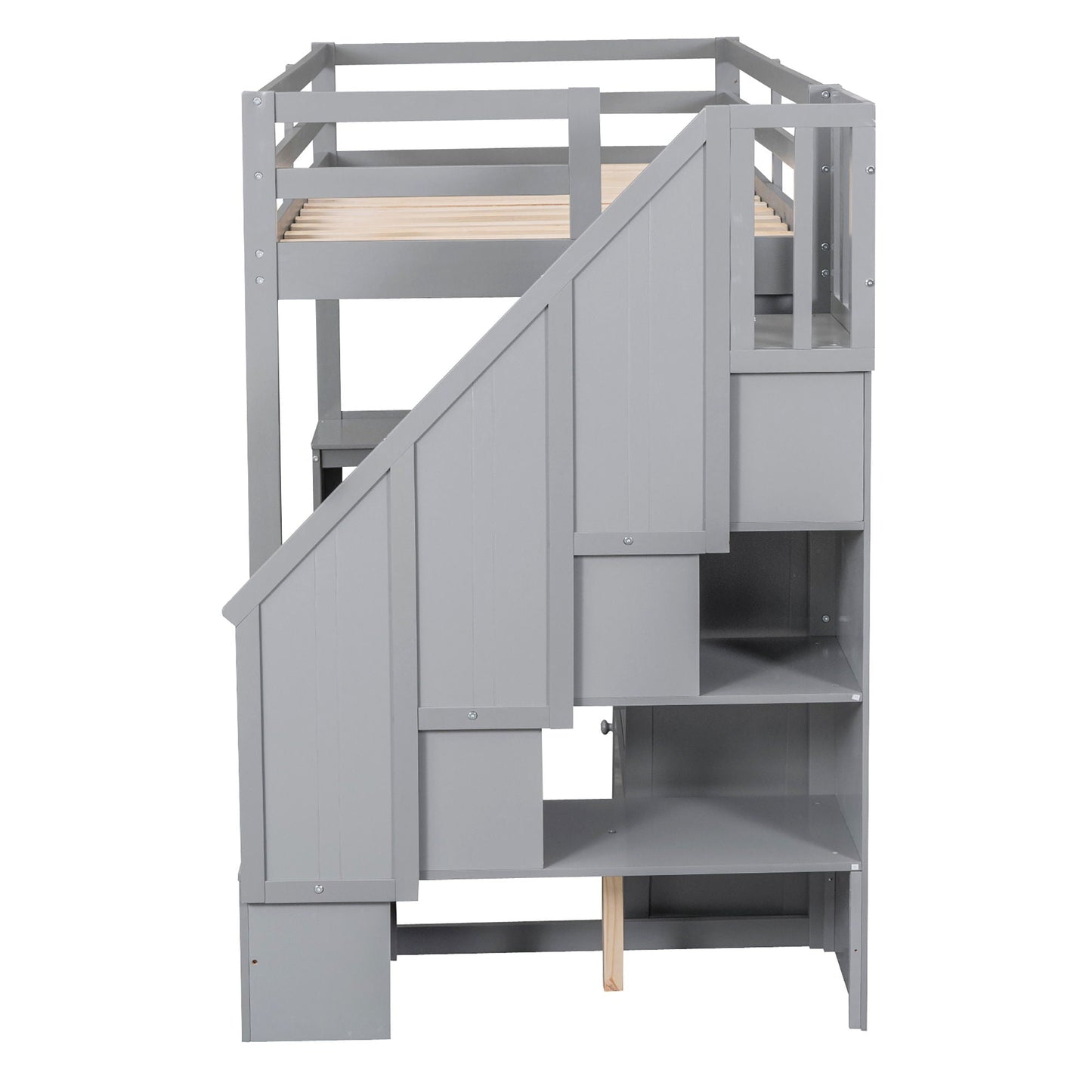 HouseOfZazla loft bed with L-shaped desk, drawers, cabinet and storage staircase in grey wood on Tampa Home & Garden Store