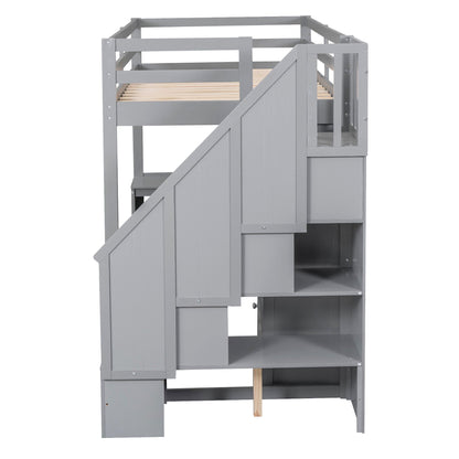 HouseOfZazla loft bed with L-shaped desk, drawers, cabinet and storage staircase in grey wood on Tampa Home & Garden Store