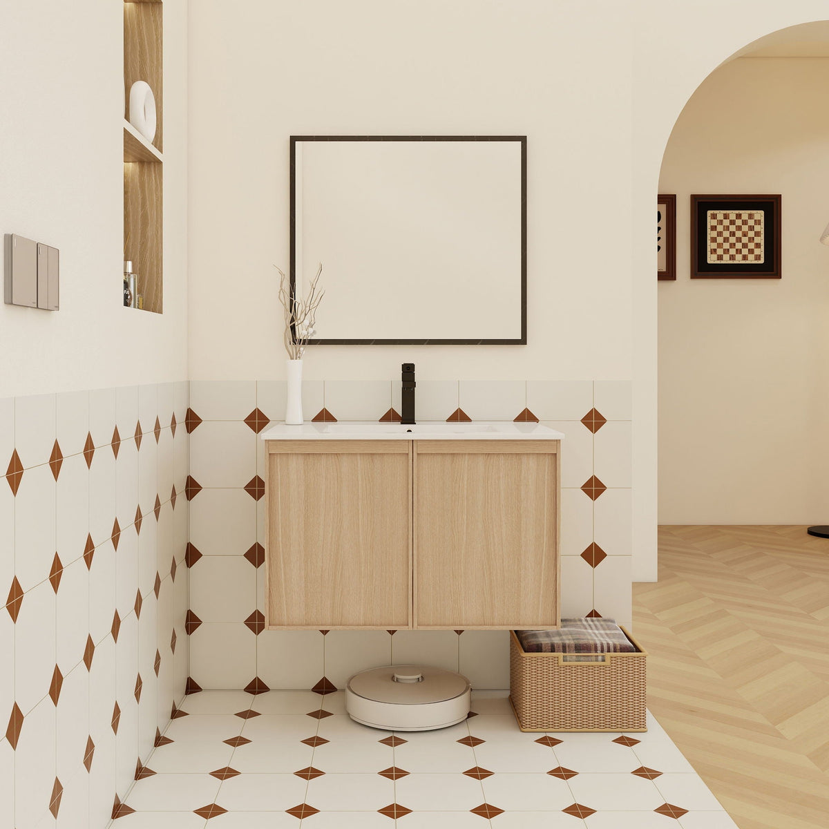 Floating bathroom vanity with sink in light brown wood finish, black faucet on Tampa Home & Garden Store