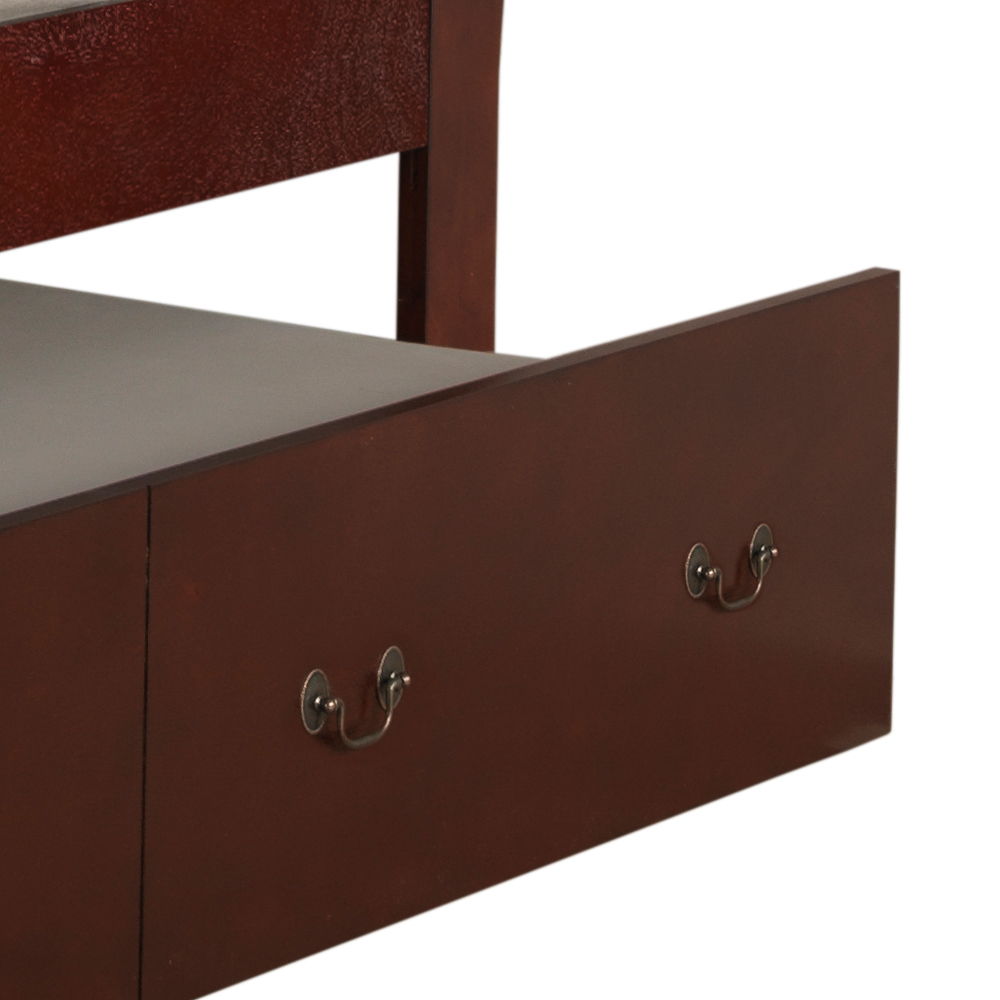 Elegant trundle bed in dark brown wood with open storage drawer and brass cup pulls on Tampa Home & Garden Store