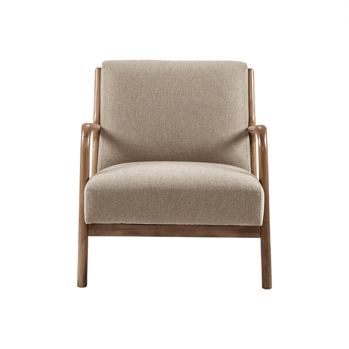 Mid-Century Style Lounge Chair with beige fabric upholstery and solid wood armrests and legs on Tampa Home & Garden Store
