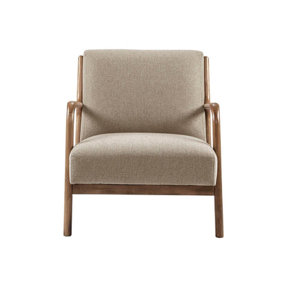 Mid-Century Style Lounge Chair with beige fabric upholstery and solid wood armrests and legs on Tampa Home & Garden Store