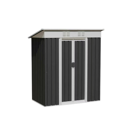 Metal garden shed 5x3 ft with sliding door, HouseOfZazla, dark gray panels with white trim on Tampa Home & Garden Store