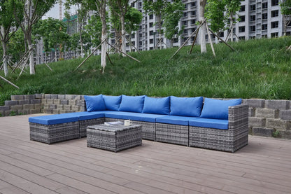 Patio sectional sofa with blue cushions, wicker 2-piece outdoor set on Tampa Home & Garden Store