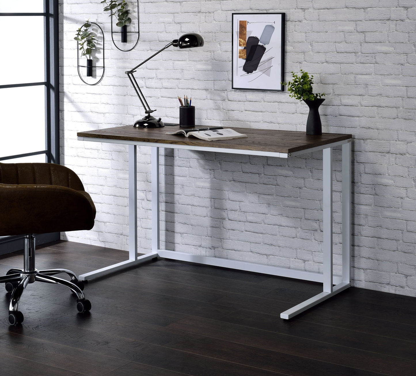Tyrese Writing Desk With USB by HouseOfZazla, woodgrain top with white metal legs on Tampa Home & Garden Store