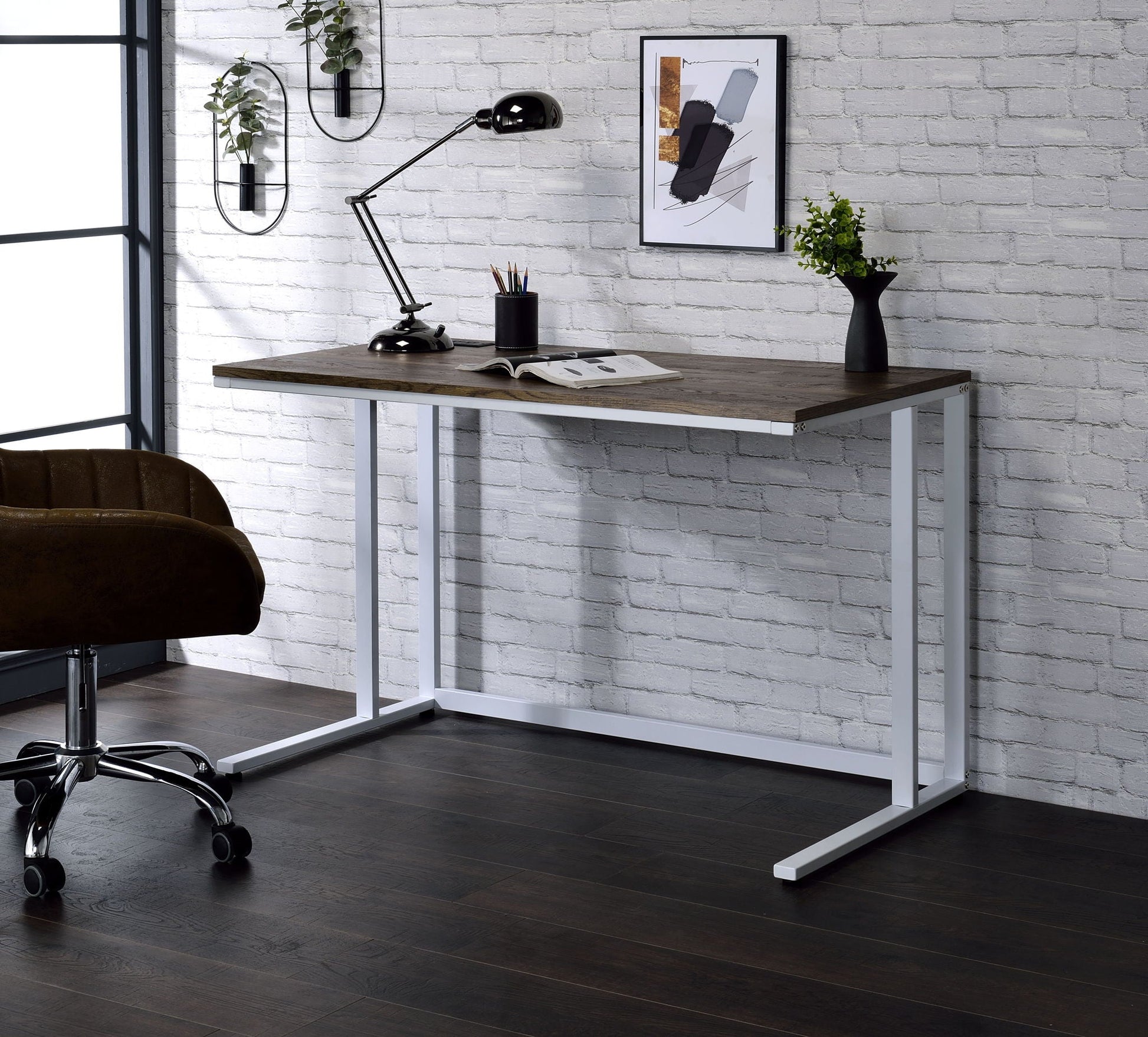 Tyrese Writing Desk With USB by HouseOfZazla, woodgrain top with white metal legs on Tampa Home & Garden Store