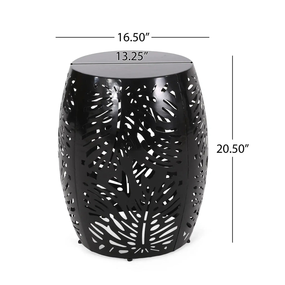 HouseOfZazla outdoor end table in black metal with palm leaf cut-out, 13.25in top diameter, 20.5in tall on Tampa Home & Garden Store