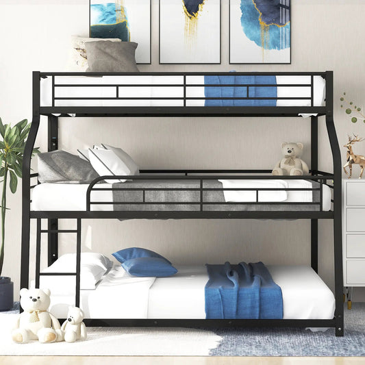 Triple bunk bed in black metal frame with white bedding and blue throws, three levels on Tampa Home & Garden Store