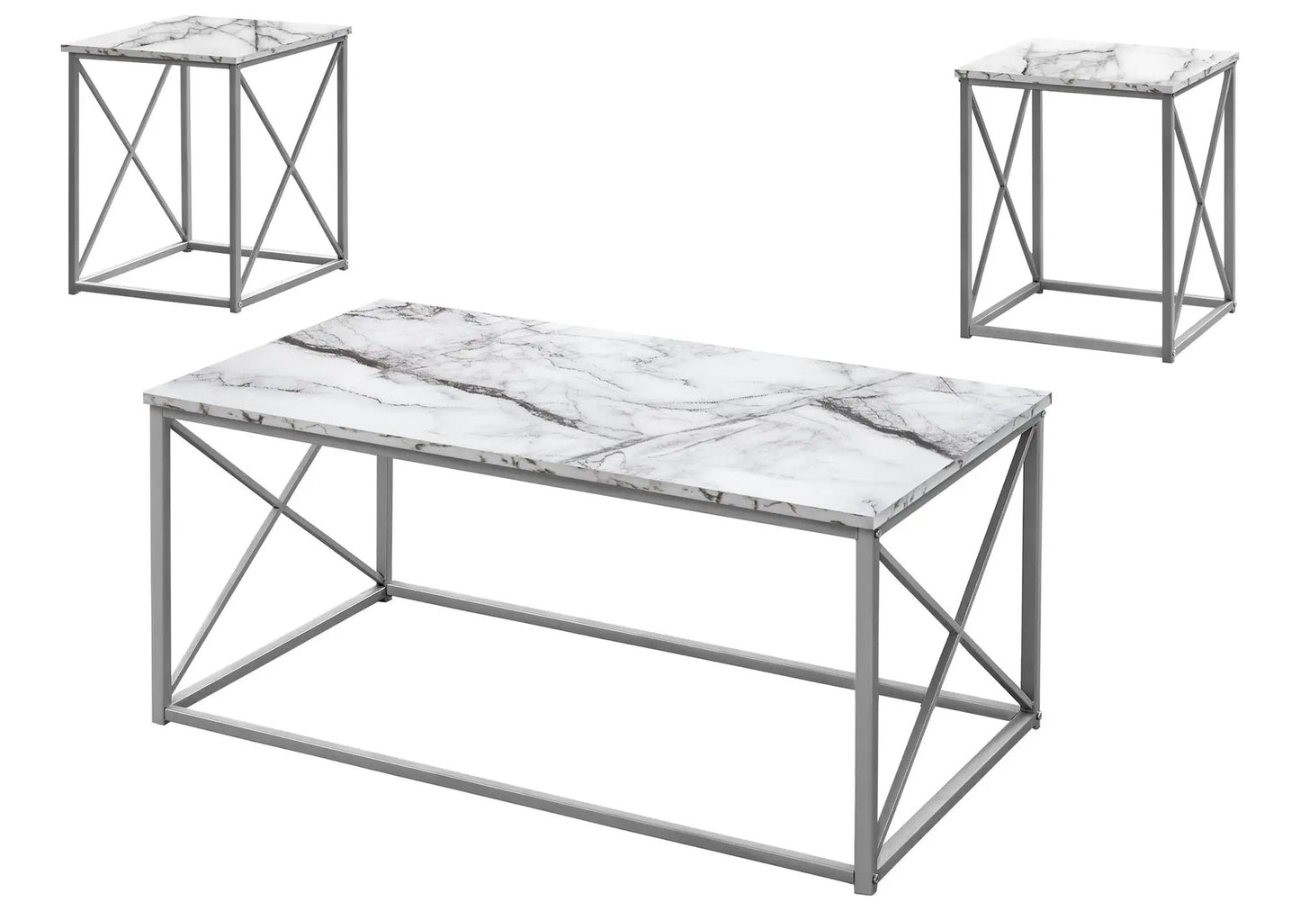 Three-piece table set with marble-look laminate tops and gray metal frames; includes coffee table and two end tables on Tampa Home & Garden Store