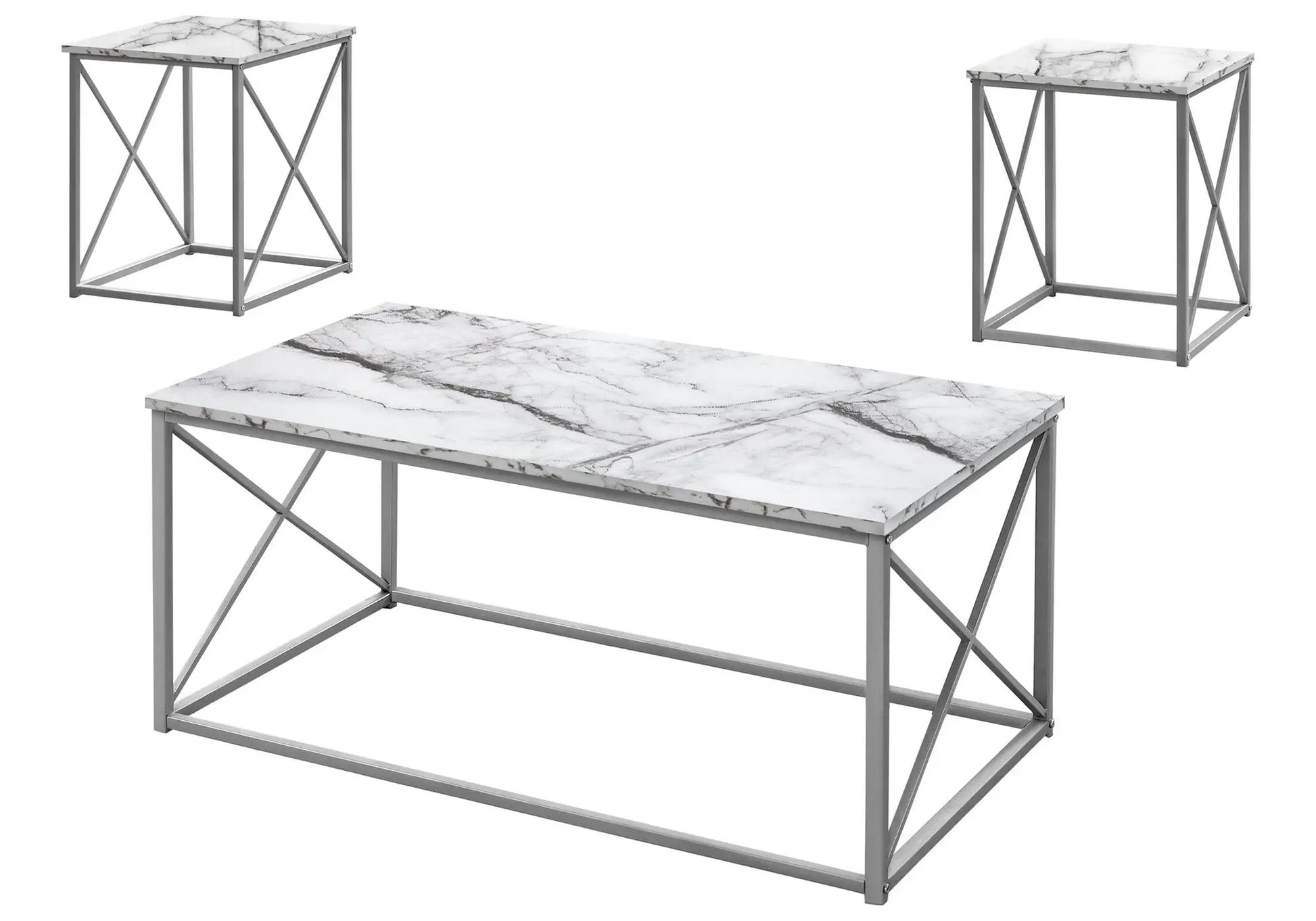 Three-piece table set with marble-look laminate tops and gray metal frames; includes coffee table and two end tables on Tampa Home & Garden Store