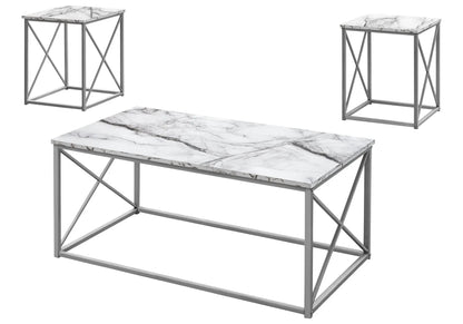 Three-piece table set with marble-look laminate tops and gray metal frames; includes coffee table and two end tables on Tampa Home & Garden Store